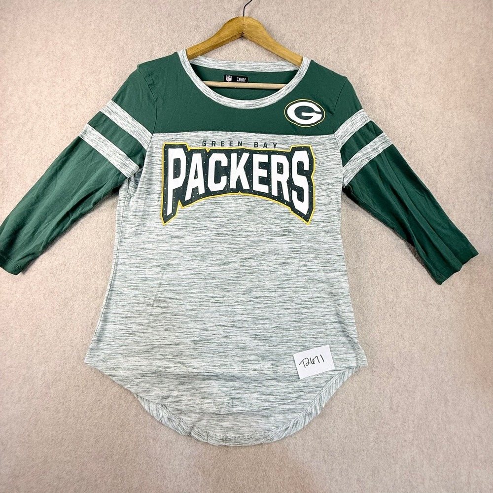 NFL Team Apparel Green Bay Packers Shirt Womens Medium Green Grey Rhinestone 3/4